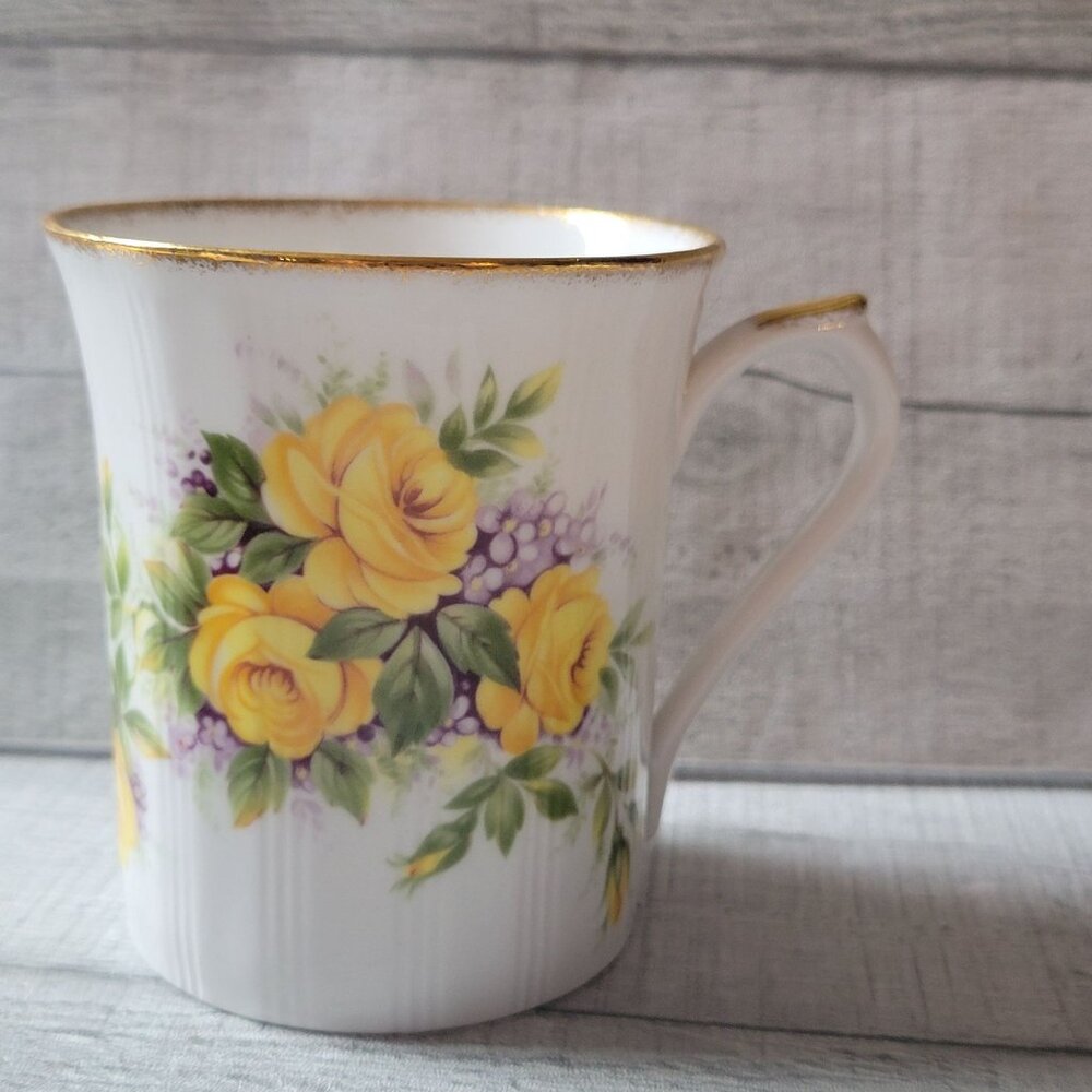 Vintage Queens Fine Bone China Yellow Rose & Floral Mug Gold Trim